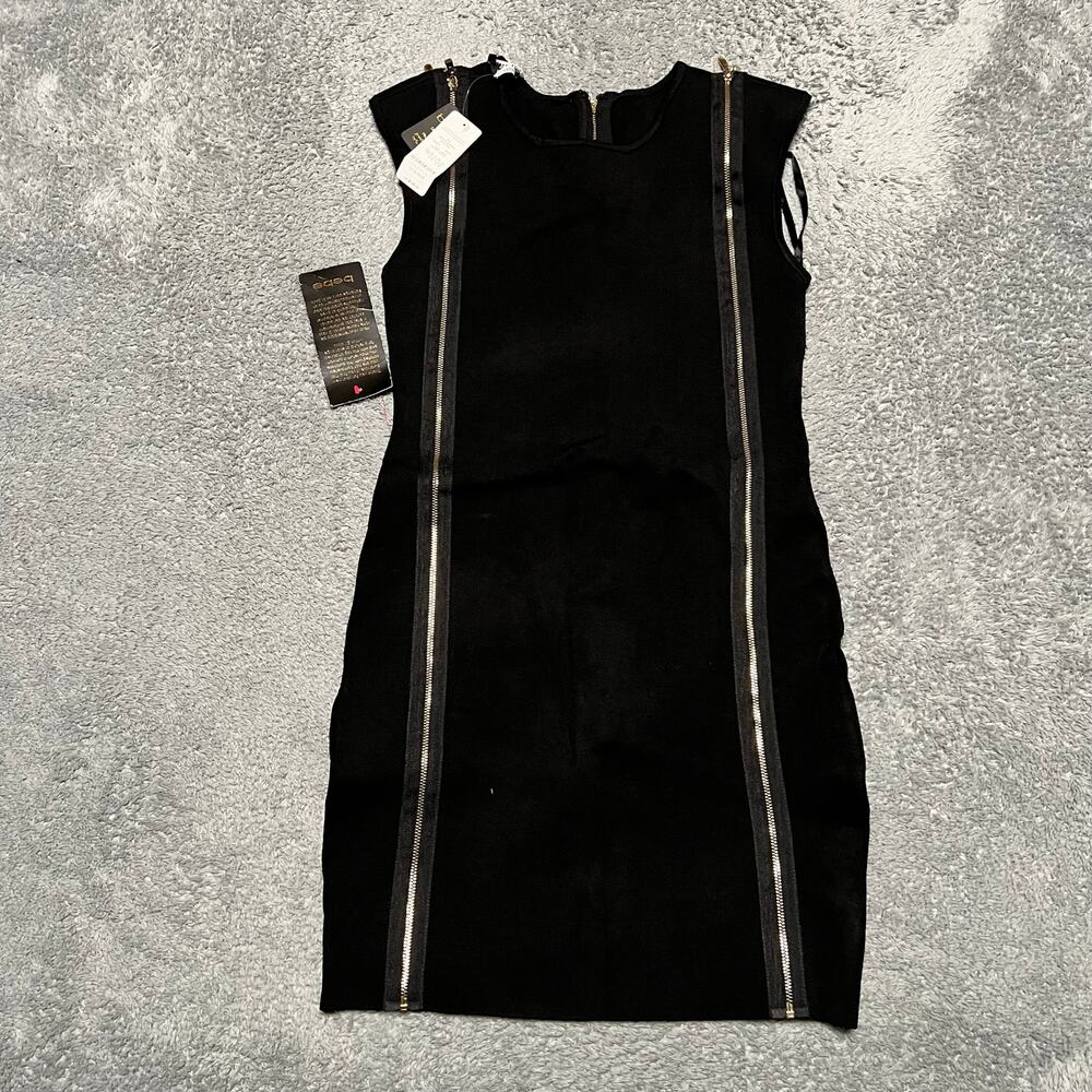 Bebe Dress Medium Black Bandage Cold Shoulder Zipper Stretch